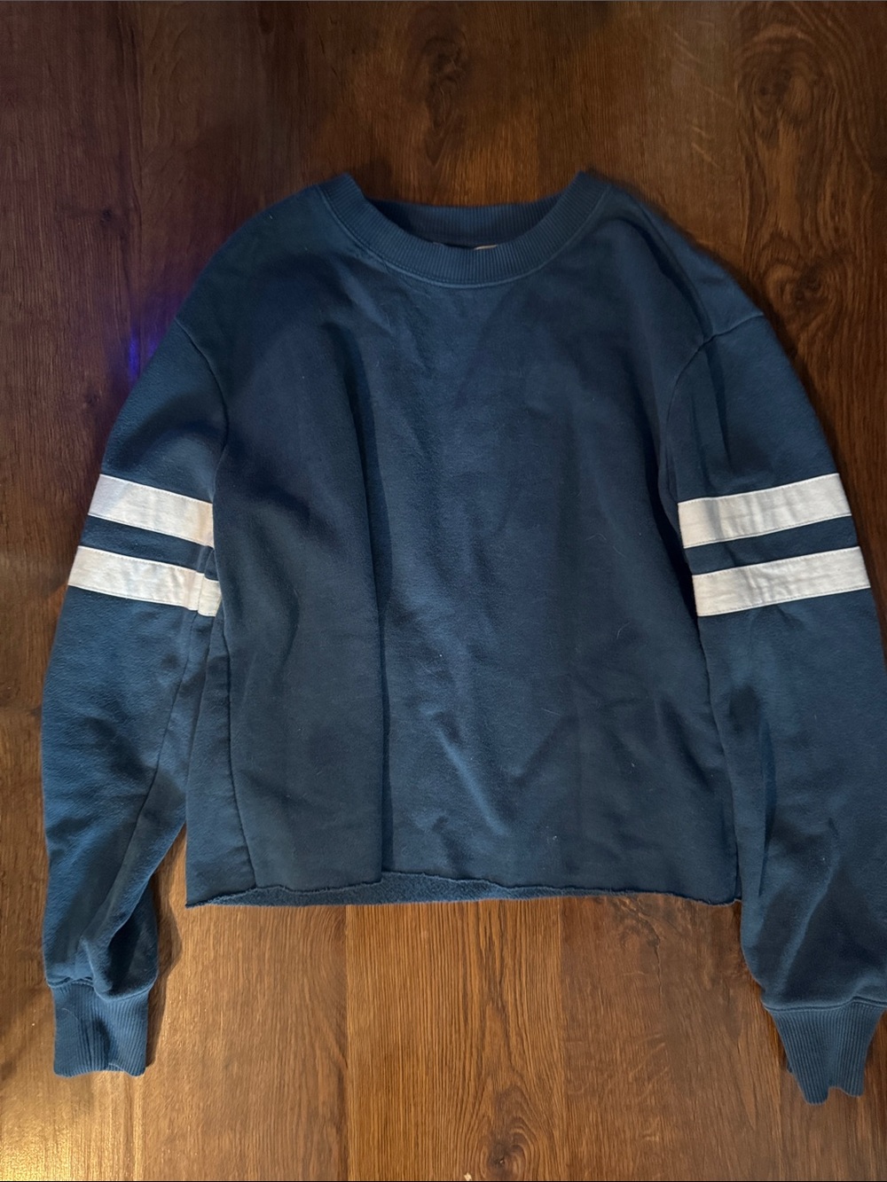 Philosophy Navy Crewneck Sweater with White Sleeve Stripes